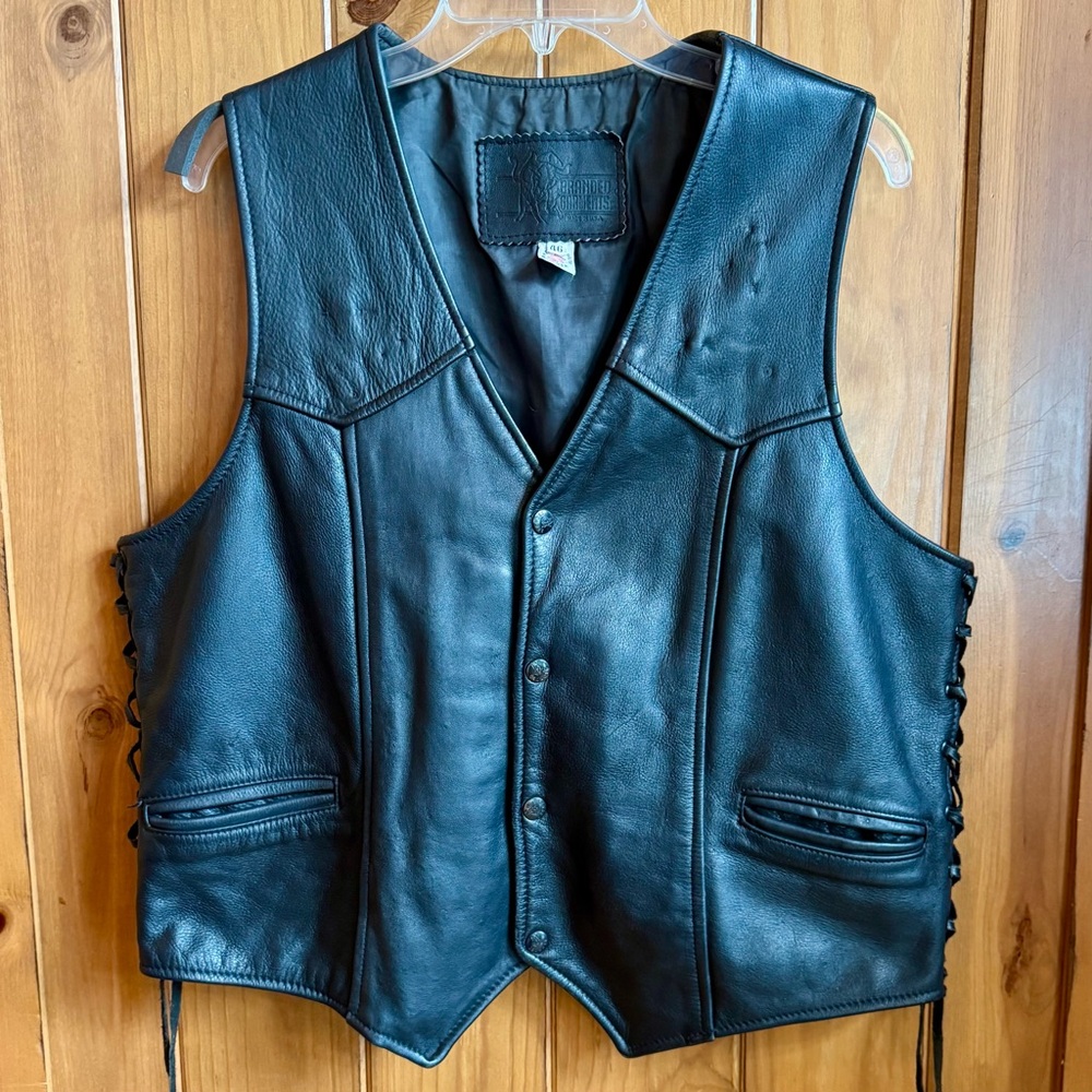 Black Leather Motorcycle Vest with Lace-Up Sides (46) - Picture 3 of 17